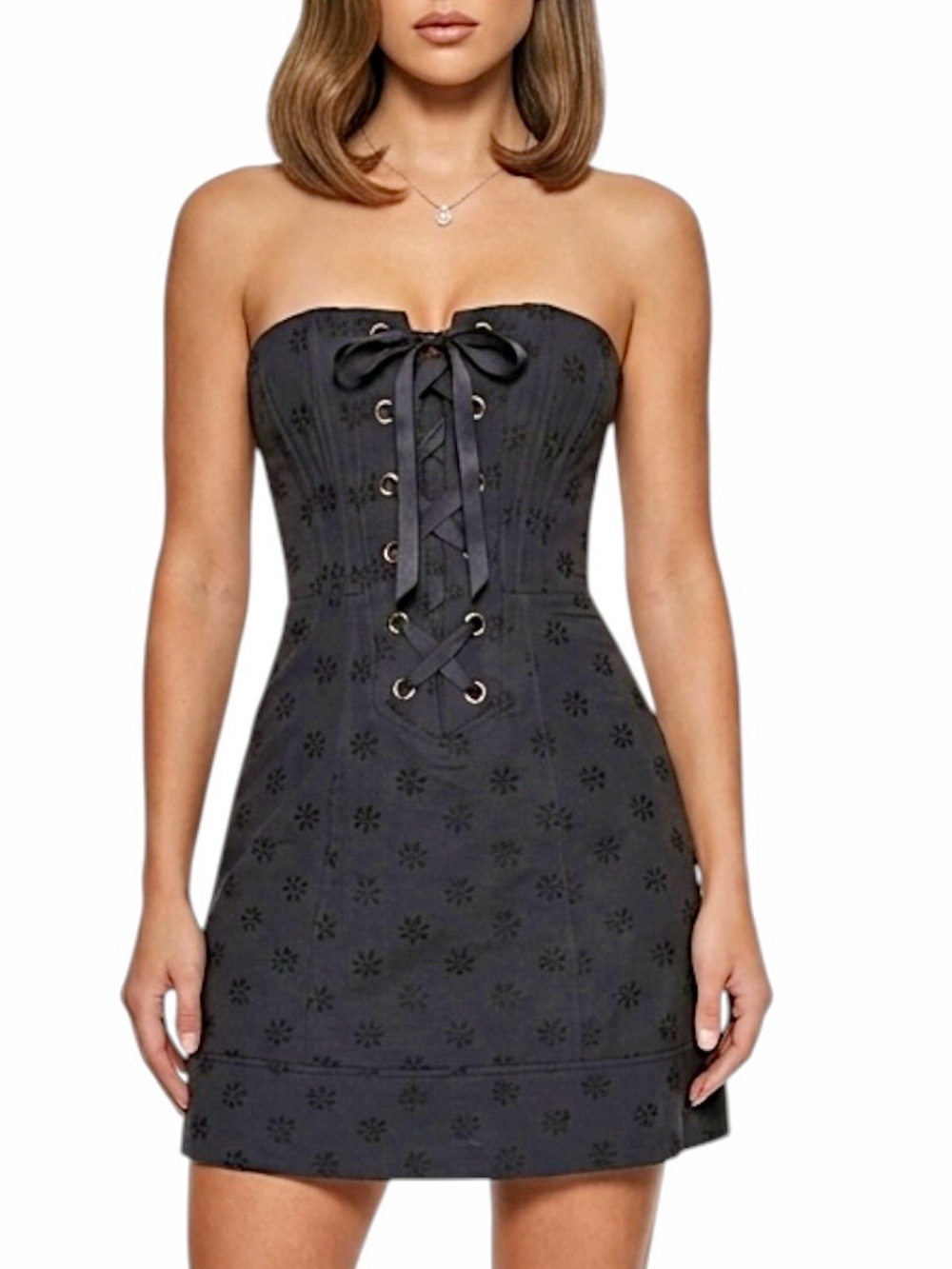 Nanette Lepore vintage Black Floral Jacquard Lace-Up Corset Mini Dress Size 2